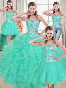 Turquoise Lace Up Sweetheart Beading and Ruffled Layers 15 Quinceanera Dress Organza Sleeveless Brush Train