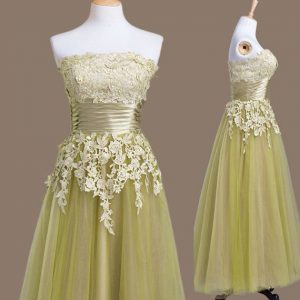 Delicate Tea Length Lace Up Dama Dress for Quinceanera Olive Green for Prom and Party and Wedding Party with Appliques
