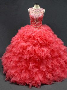 Attractive Coral Red Ball Gowns Organza Scoop Sleeveless Beading and Ruffles Floor Length Lace Up Sweet 16 Quinceanera Dress
