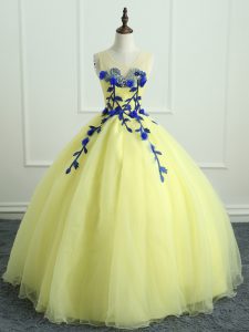 Floor Length Ball Gowns Sleeveless Light Yellow Ball Gown Prom Dress Lace Up