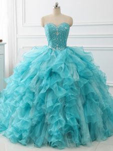 Superior Aqua Blue Quinceanera Gowns Military Ball and Sweet 16 and Quinceanera with Beading and Ruffles Sweetheart Sleeveless Brush Train Lace Up