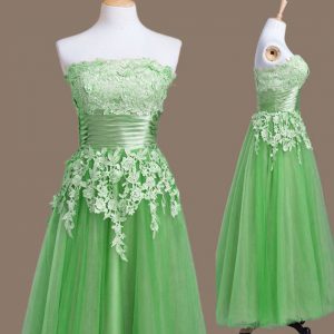 Flirting Green Empire Appliques Court Dresses for Sweet 16 Lace Up Tulle Sleeveless Tea Length