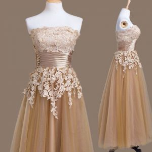 Luxury Brown Empire Strapless Sleeveless Tulle Tea Length Lace Up Appliques Quinceanera Dama Dress