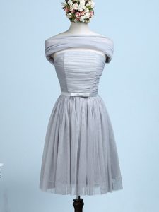 Ideal Strapless Sleeveless Quinceanera Court Dresses Mini Length Belt Grey Tulle