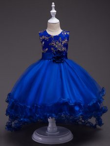 Custom Designed Sleeveless High Low Appliques and Hand Made Flower Zipper Little Girls Pageant Dress with Royal Blue