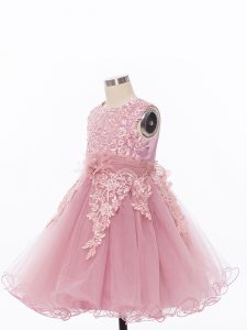 Knee Length Zipper Little Girl Pageant Dress Pink for Wedding Party with Appliques and Hand Made Flower