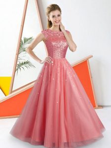 Watermelon Red Backless Bateau Beading and Lace Quinceanera Dama Dress Tulle Sleeveless