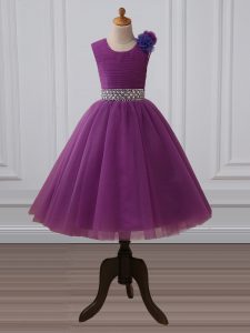 Tea Length Zipper Little Girls Pageant Dress Purple for Wedding Party with Beading and Hand Made Flower