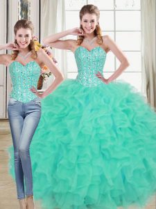 On Sale Sleeveless Beading and Ruffled Layers Lace Up 15th Birthday Dress with Turquoise Brush Train