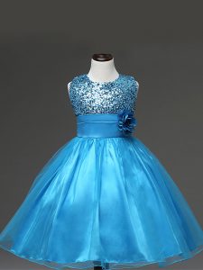 High Quality Baby Blue Scoop Neckline Sequins and Hand Made Flower Little Girls Pageant Dress Sleeveless Zipper