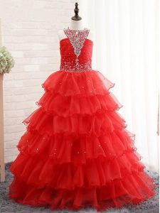 Super Red Organza Lace Up Halter Top Sleeveless Floor Length Kids Formal Wear Beading and Ruffled Layers
