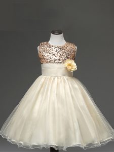 Sequins and Hand Made Flower Little Girls Pageant Dress Champagne Zipper Sleeveless Knee Length