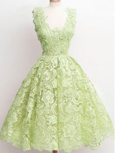 Inexpensive Lace Quinceanera Court of Honor Dress Yellow Green Zipper Sleeveless Knee Length