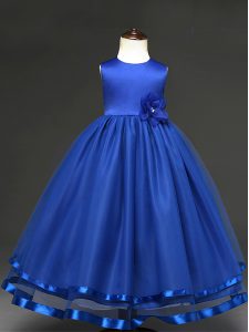 Lovely Royal Blue Ball Gowns Scoop Sleeveless Tulle Floor Length Zipper Hand Made Flower Little Girls Pageant Gowns