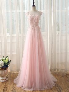 Customized Baby Pink Empire Beading and Lace Quinceanera Court of Honor Dress Zipper Tulle Cap Sleeves