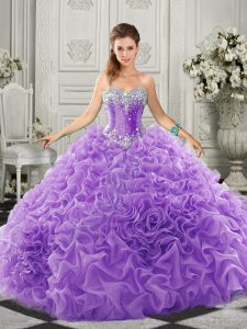 Lavender Ball Gowns Beading and Ruffles Vestidos de Quinceanera Lace Up Organza Sleeveless