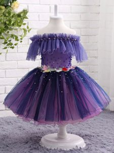 Tulle Off The Shoulder Short Sleeves Lace Up Beading and Hand Made Flower Pageant Gowns For Girls in Purple
