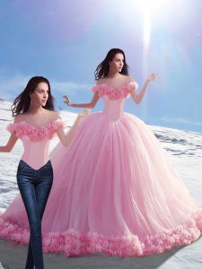 Fitting Baby Pink 15 Quinceanera Dress Tulle Brush Train Sleeveless Hand Made Flower