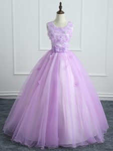 Scoop Sleeveless Organza Quinceanera Gowns Lace and Appliques and Bowknot Lace Up