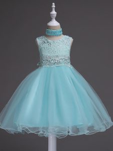 Excellent Sleeveless Organza Knee Length Zipper Kids Formal Wear in Aqua Blue with Beading and Lace