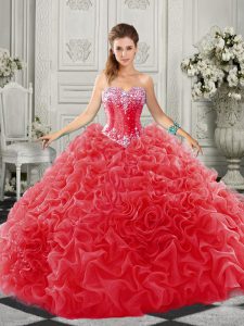 Perfect Sleeveless Organza Court Train Lace Up Sweet 16 Dresses in Red with Beading and Ruffles