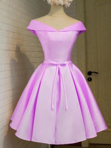 Lilac Cap Sleeves Knee Length Belt Lace Up Dama Dress for Quinceanera