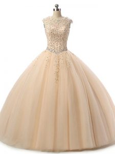 Customized Champagne Sleeveless Floor Length Beading and Lace Lace Up Ball Gown Prom Dress