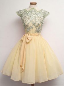 Fantastic Cap Sleeves Knee Length Lace and Belt Lace Up Dama Dress for Quinceanera with Champagne