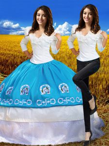 Simple Off The Shoulder 3 4 Length Sleeve Sweet 16 Quinceanera Dress Floor Length Embroidery Blue And White Taffeta