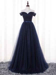 Amazing Floor Length Lace Up Damas Dress Navy Blue for Prom and Party and Wedding Party with Belt