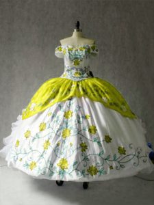 Edgy Organza and Taffeta Off The Shoulder Cap Sleeves Lace Up Embroidery and Ruffles 15 Quinceanera Dress in Multi-color