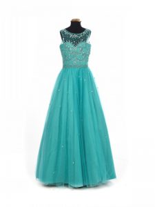 Trendy Teal Pageant Gowns For Girls Wedding Party with Beading Scoop Sleeveless Lace Up