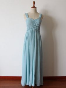 Affordable Straps Sleeveless Damas Dress Floor Length Ruching Aqua Blue Chiffon
