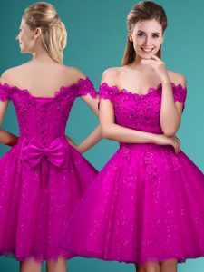 Fashionable Fuchsia Lace Up Off The Shoulder Lace and Belt Court Dresses for Sweet 16 Tulle Cap Sleeves