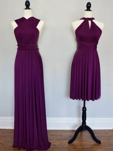 Inexpensive Floor Length Purple Quinceanera Court of Honor Dress Chiffon Sleeveless Ruching