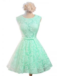 Modest Lace Scoop Sleeveless Lace Up Belt Vestidos de Damas in Apple Green