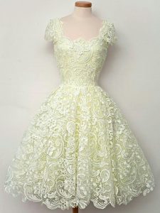 Yellow Straps Lace Up Lace Quinceanera Dama Dress Cap Sleeves