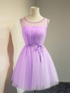 Luxury Lavender Empire Belt Quinceanera Court Dresses Lace Up Tulle Sleeveless Knee Length
