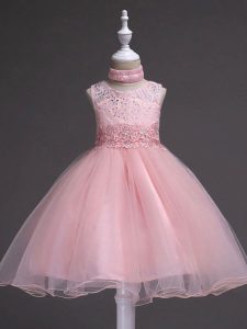Baby Pink Tulle Zipper Scoop Sleeveless Knee Length Girls Pageant Dresses Beading and Appliques