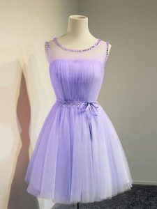 Lavender Empire Scoop Sleeveless Tulle Knee Length Lace Up Belt Damas Dress