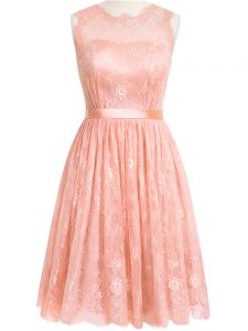 Most Popular Lace Quinceanera Court of Honor Dress Peach Zipper Sleeveless Knee Length