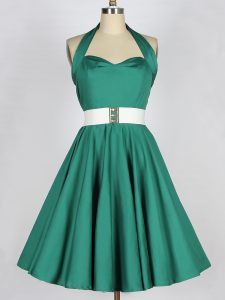Low Price Knee Length Dark Green Dama Dress for Quinceanera Taffeta Sleeveless Belt