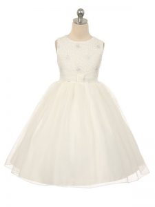 Cute White Ball Gowns Tulle Scoop Sleeveless Beading Knee Length Lace Up Little Girls Pageant Dress Wholesale