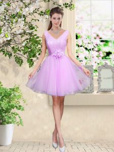 Sweet Knee Length Lace Up Dama Dress Lilac for Prom and Party with Lace and Belt