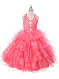 Cheap Organza Halter Top Sleeveless Lace Up Beading and Ruffled Layers Little Girls Pageant Dress in Coral Red