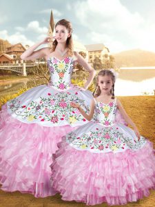 Floor Length Lace Up Quinceanera Dresses Rose Pink for Military Ball and Sweet 16 and Quinceanera with Embroidery and Ruffled Layers