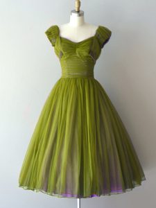 Olive Green Chiffon Lace Up V-neck Cap Sleeves Knee Length Court Dresses for Sweet 16 Ruching