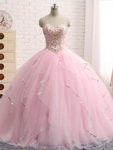 Baby Pink Ball Gowns Beading and Ruffles Quinceanera Gowns Lace Up Tulle Sleeveless