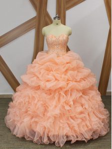 Admirable Peach Sweetheart Lace Up Beading and Ruffles and Pick Ups Quince Ball Gowns Sweep Train Sleeveless