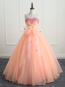 Peach Sleeveless Organza Lace Up Ball Gown Prom Dress for Military Ball and Sweet 16 and Quinceanera